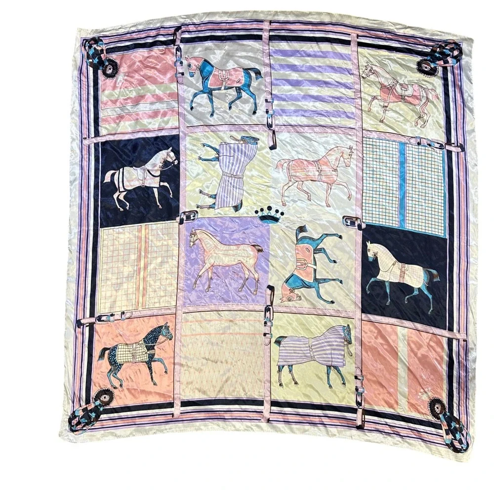 Unbranded Equestrian Horses Print Pastel Satin Scarf 35 x‎ 35